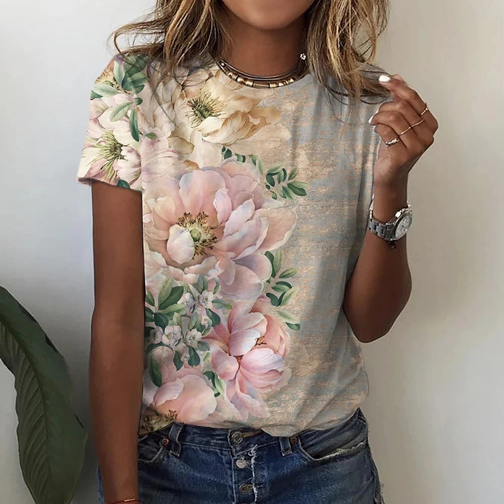 2023 Women's T-shirts Fashion Floral Theme T Shirt Floral Plants Tees Summer Clothing Basic Female Tops Print Oversized Pullover