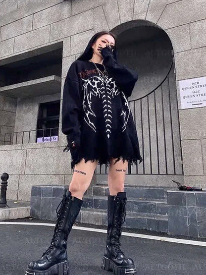 AltGoth Harajuku Cyber Y2k Gothic Sweater Women Streetwear Grunge Emo Alt Skeleton Long Sleeve Loose Casual Knitted Pullovers