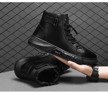 Men's Boots British Casual Platform Leather Boots for Men Black Motorcycle Boots Winter Comfortable Keep Warm Men Ankle Shoes