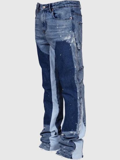 Y2k Jeans Men Painting Patch Baggy Stacked Jeans Fashion Work Wear Popular Stretch Patch Denim Stacked Flare Jeans Pants