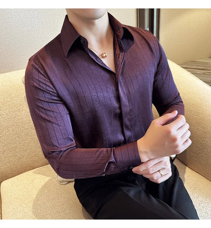 Luxury Korean Pleated Stripe Shirts For Men's High Quality Long Sleeve Slim Fit Casual Shirt Formal Social Party Tuxedo 4XL-M