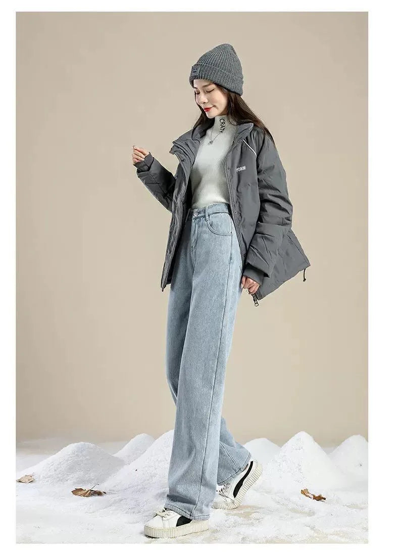 Charcoal Grey Fleece-Lined High-Waisted Versatile Bell Bottoms Jeans Women's Autumn/Winter Thickened Straight-Leg Loose-Fit Warm