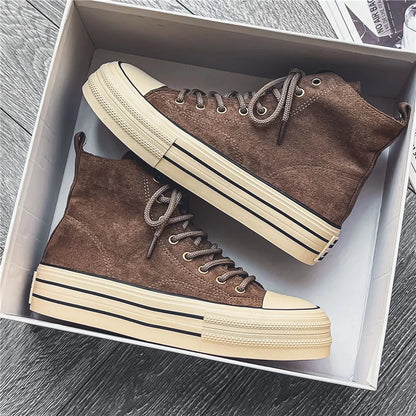 Vintage Brown Couples Casual Sneakers Comfort Suede Thick Sole Men's Shoes Trend Lace-up High Top Shoes Mens Vulcanized Sneakers