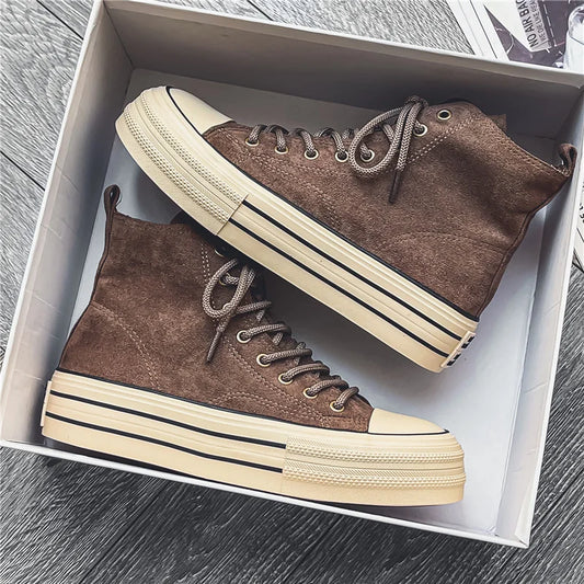 Vintage Brown Couples Casual Sneakers Comfort Suede Thick Sole Men's Shoes Trend Lace-up High Top Shoes Mens Vulcanized Sneakers