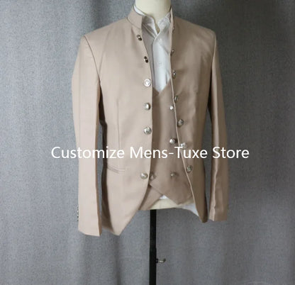 Beige Suits for Men 3 Piece  Stand Collar Double Breasted Male Suit Slim Fit Causal Formal Elegant Groom Wedding Tuxedo