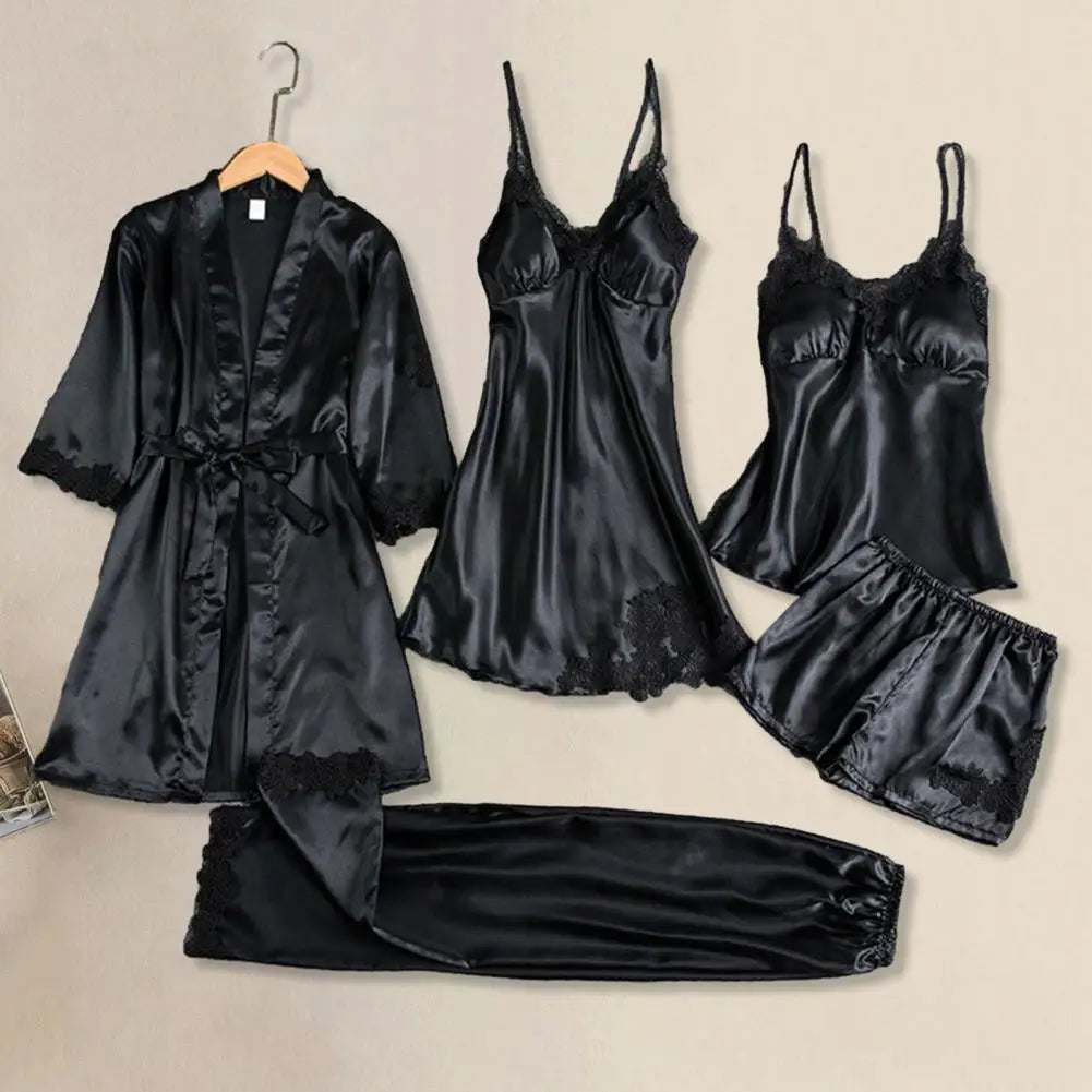 Silk Pajama Set Elegant Satin Lace Patchwork Women's Pajamas Set with Lace-up Waist 5 Piece Nightgown Top Shorts for Comfortable