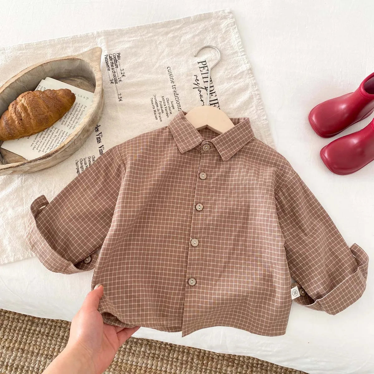 MILANCEL Boys Clothes Plaid Girls Shirts Turn Down Collar Brief Blouse Singlebreast Shirts