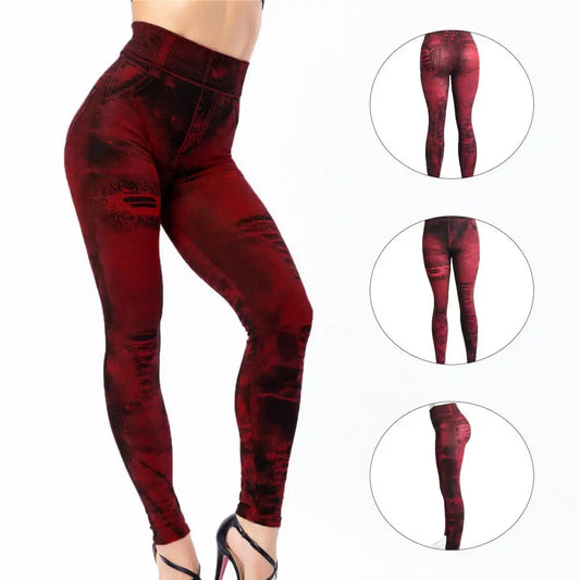 Yoga Pants Multi Pockets Skinny Imitation Jeans Leggings Hip Lifting Ripped Holes Print Mid Waist Elastic Pants For Sports