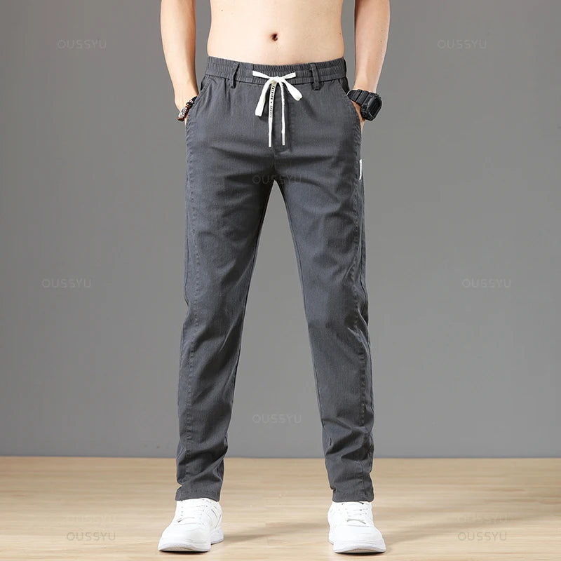 Spring Autumn Cottom Men's Pants Fashion Classic Drawstring Elastic Waist Jogging Stretch Casual Grey Cargo Trousers Male 28-38