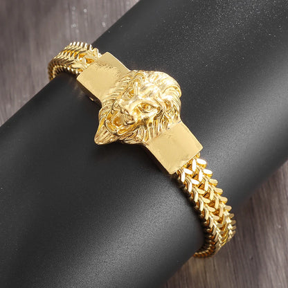 Fashion Gold Color Lion King Stainless Steel Braided Chain Bracelet Domineering Men\\'s Rock Wristband Alloy Lion Head Jewelry