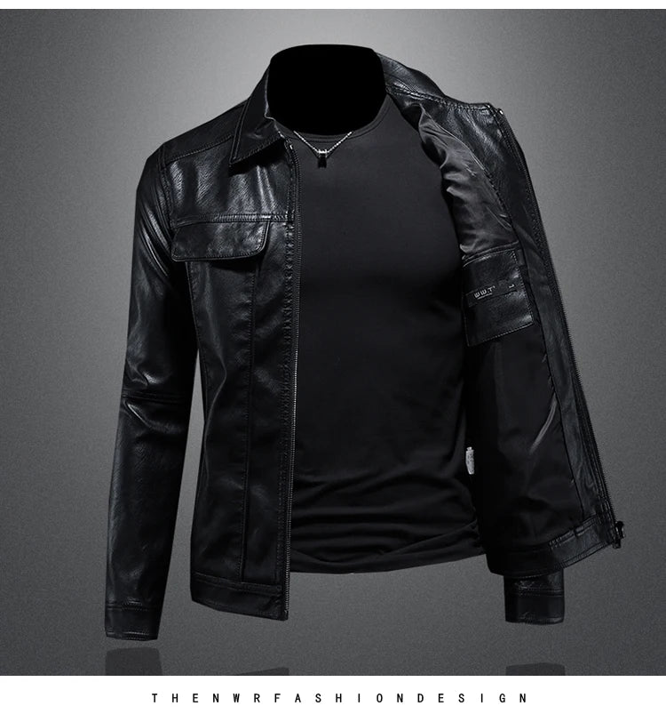 Men's Jacket Spring and Autumn Handsome Solid Color Collar Motorcycle Leather Coat Slim Fashion Leather Jacket M-5XL