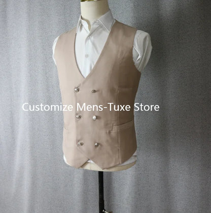 Beige Suits for Men 3 Piece  Stand Collar Double Breasted Male Suit Slim Fit Causal Formal Elegant Groom Wedding Tuxedo