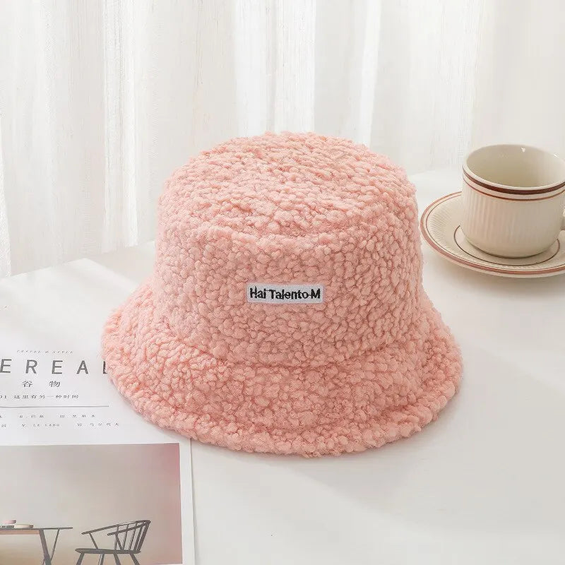 Winter Girl Boy Bucket Hat Cute Lamb Wool Letter Kids Fisherman Hat Solid Flat Top Hats Children Outdoor Thick Warm Sun Cap