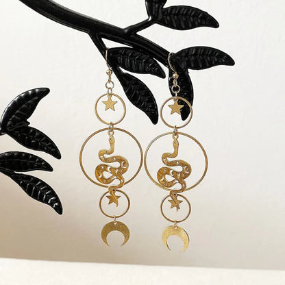 Gothic Crescent Snake Charm Earrings for Women Fashion Witch Jewelry Accessories Gifts Moon Phase Skull Bead Snake Drop Earrings