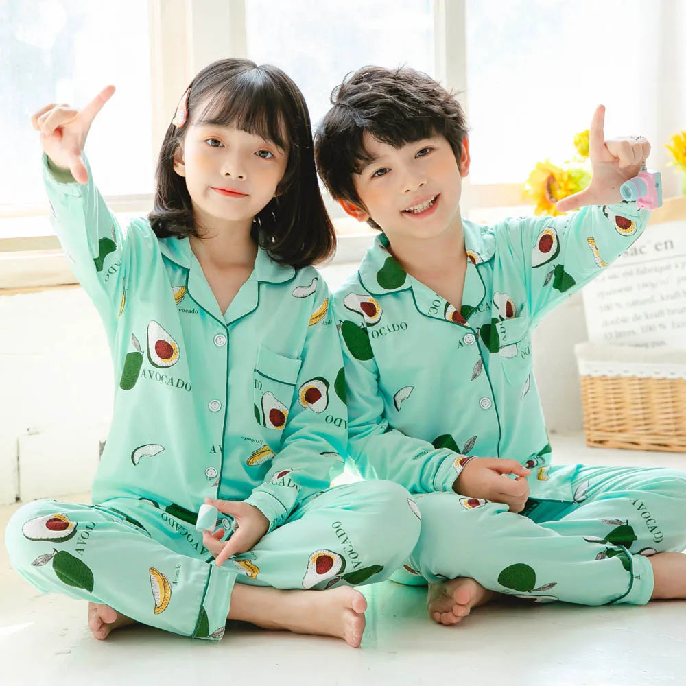 Boys Girls Pajamas Sets Kids Toddlers 2 to 3 4 5 6 7 8 9 10 11 12 Years Long Sleeves Green Avocado Children Pijamas with Buttons