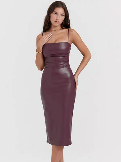 Avrilyaan PU Leather Strapless Backless Sexy Dress Women Elegant Evening Summer Dress Bandage Party Long Midi Dress Vestidos