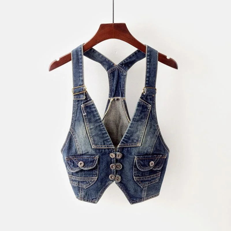 2024 Summer Vintage Sling Denim Vest Women Waistcoat Casual Cowboy Sleeveless Jacket Korean Slim Short Jeans Vests Coat