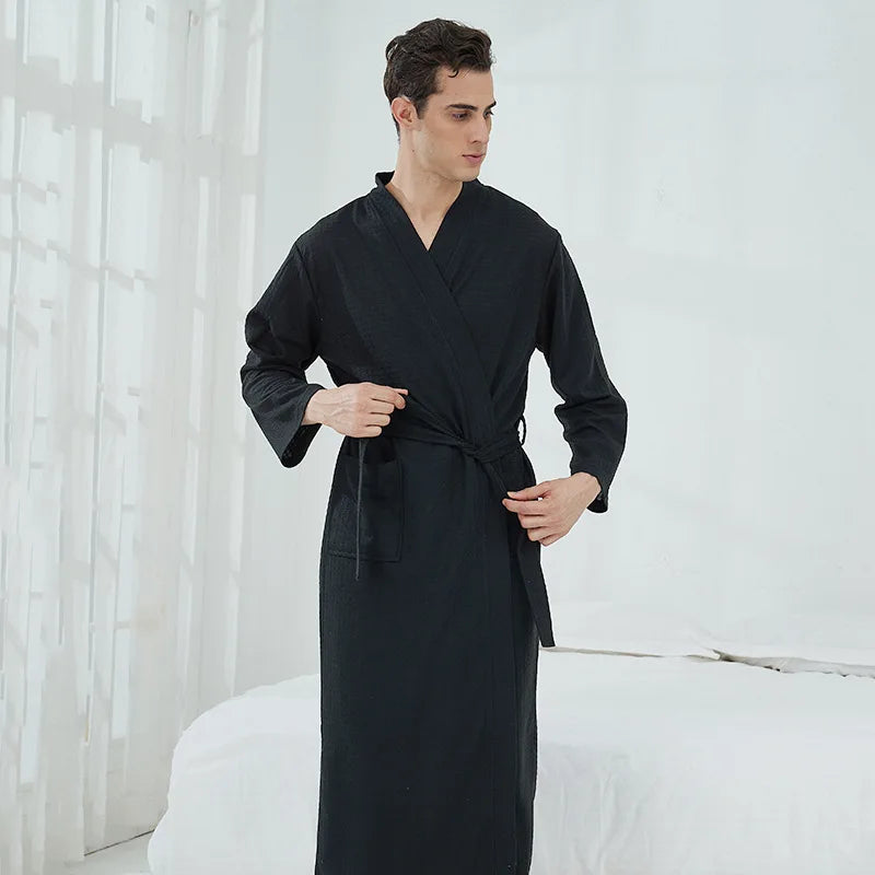 Waffle High-Quality Robe Large Size Long Men and Women Universal Residence Clothing Bathrobe Solid Black Plaid Couple Nightgowns