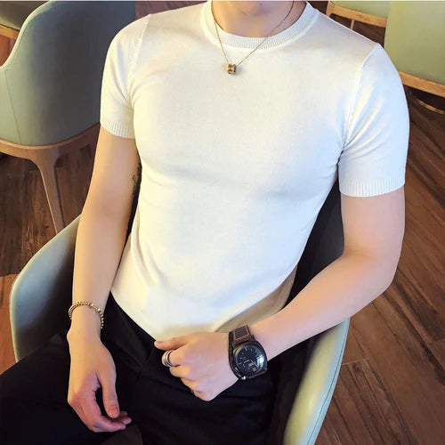 Top Quality Summer Thin Short Sleeved Knitwear T-shirt Men Clothing 2024 Solid Color Slim Fit O-Neck Tee Shirt Streetwear 3XL-M