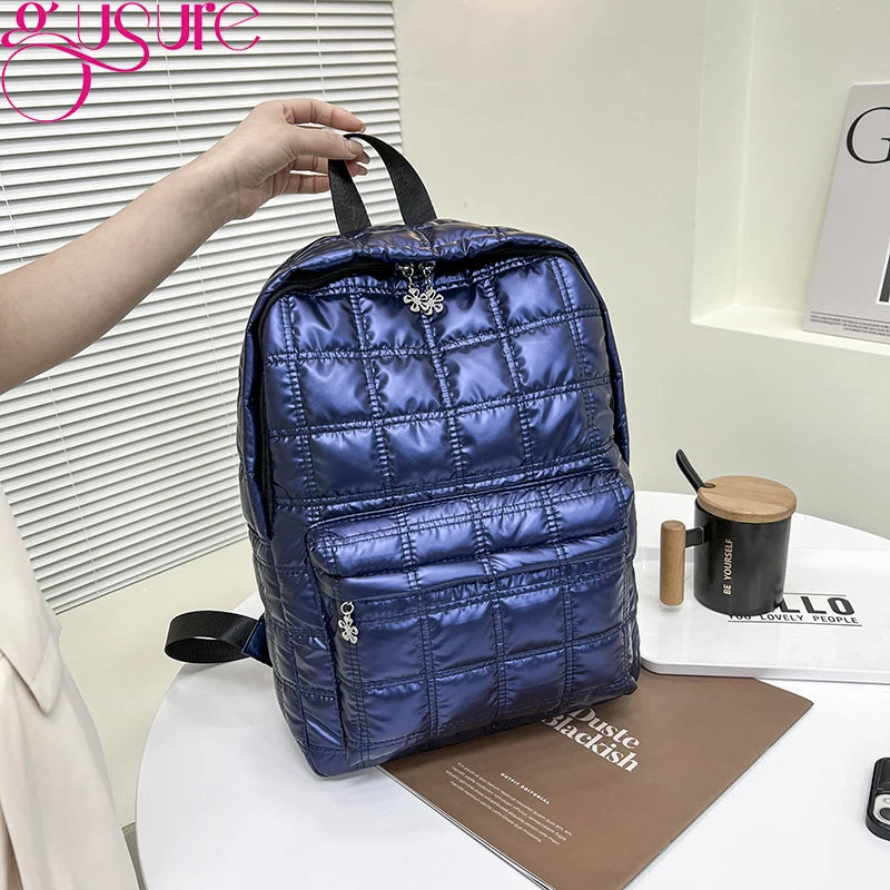 Gusure Winter Space Down Women's Backpack Fashion Quilted Plaid Female School Bags for Girls Casual Large Capacity Handbag bolsa