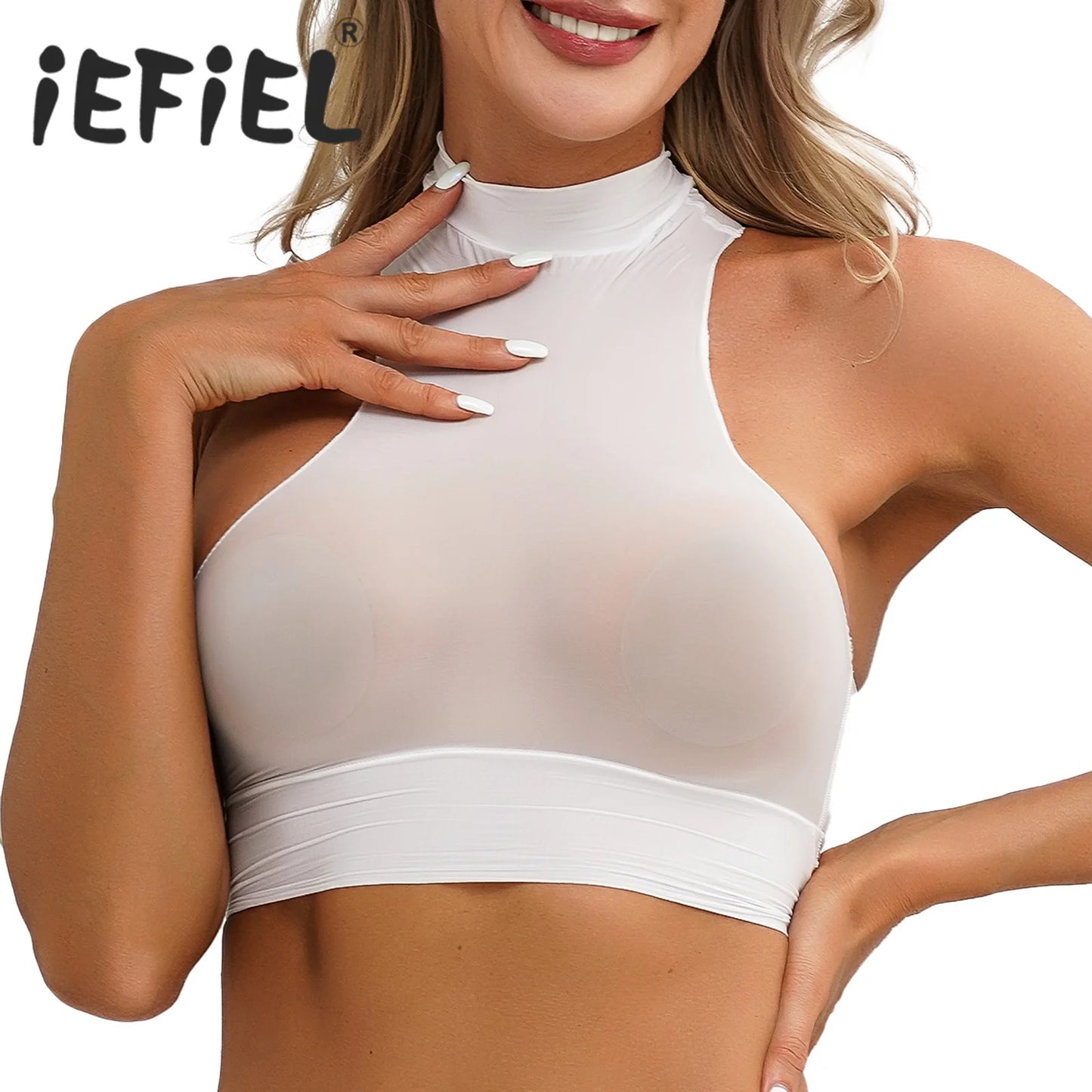 Womens Glossy Crop Tops Mock Neck Sleeveless Sheer See-Through Slim Fit Vest Tops for Swimwear Pool Party Clubwear Nightwear