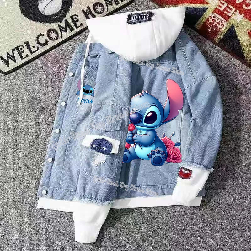 Lilo&stitch Hip Hop Men's Hooded Jean Jackets Women Outerwear Autumn Winter Coat Men Patchwork Denim Jacket Streetwear Clothes