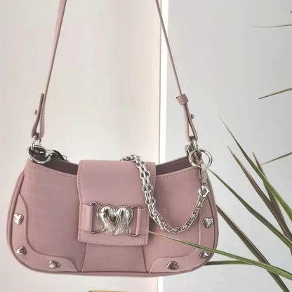 Woman's Bags Pink Single Shoulder Bag Metal Chain Heart Decoration Y2K Style Underarm Bag Loveliness Lady Fashion Handbags