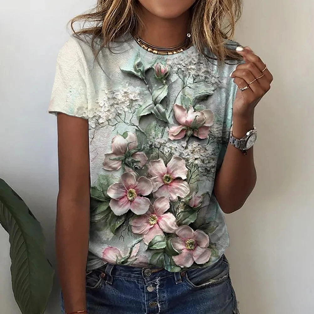 2023 Women's T-shirts Fashion Floral Theme T Shirt Floral Plants Tees Summer Clothing Basic Female Tops Print Oversized Pullover