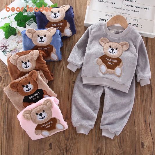 Bear Leader Girls Sets Winter Flannel Homewear Set Long-sleeved Bear Patch Cloth Hoodie Pants Autumn and Winter Warm Boy 2pc Set