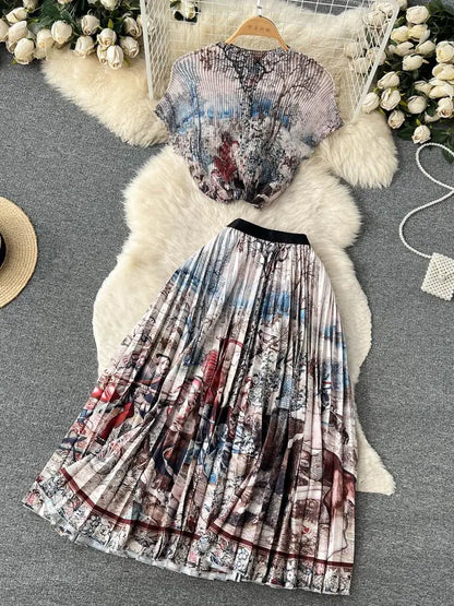 New Summer Runway Pleats Floral Print Two Piece Set Women Half High Collar Stretch Top+Elastic Waist Long Pleated Skirt Outfits