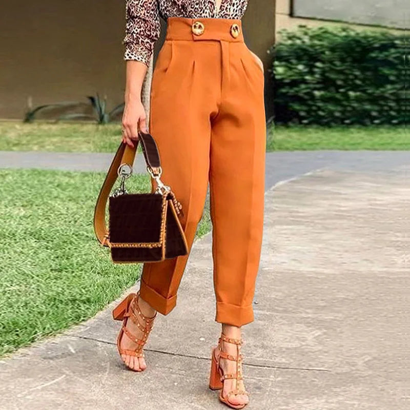 VONDA Elegant Pants Women High Waist Long Trousers 2024 Autumn Office Buttons Solid Color Pleated Casual Loose Trousers Oversize