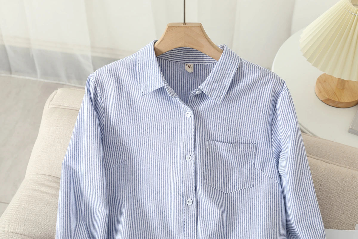 Women's Casual Cotton Oxford Shirt 2023 New Woman Striped Blouse and Tops Simple Solid Lady White Blue Shirts Clothes