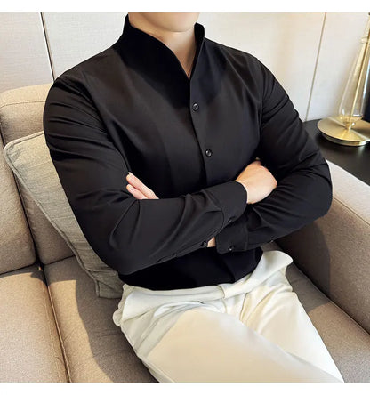 Brand Clothing Men's High Quality V-neck Long Sleeve Shirts Male Slim Fit Fashion Solid Color Office Dress Shirt 4XL-M