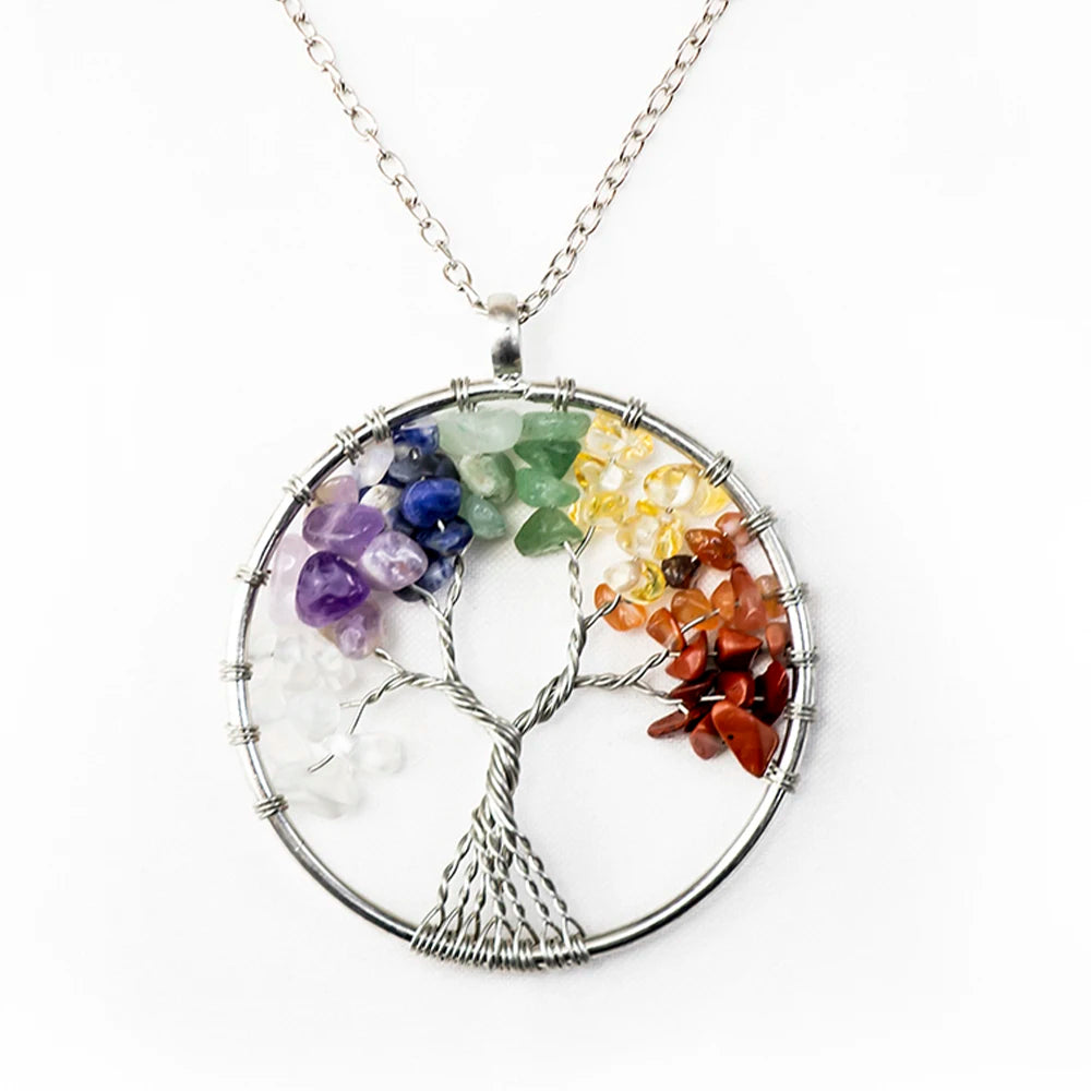 Natural Crystal Stone Tree of Life Pendant Necklace 7 Chakra Quartz Amethyst Necklace Pendant Wedding Jewelry for Women