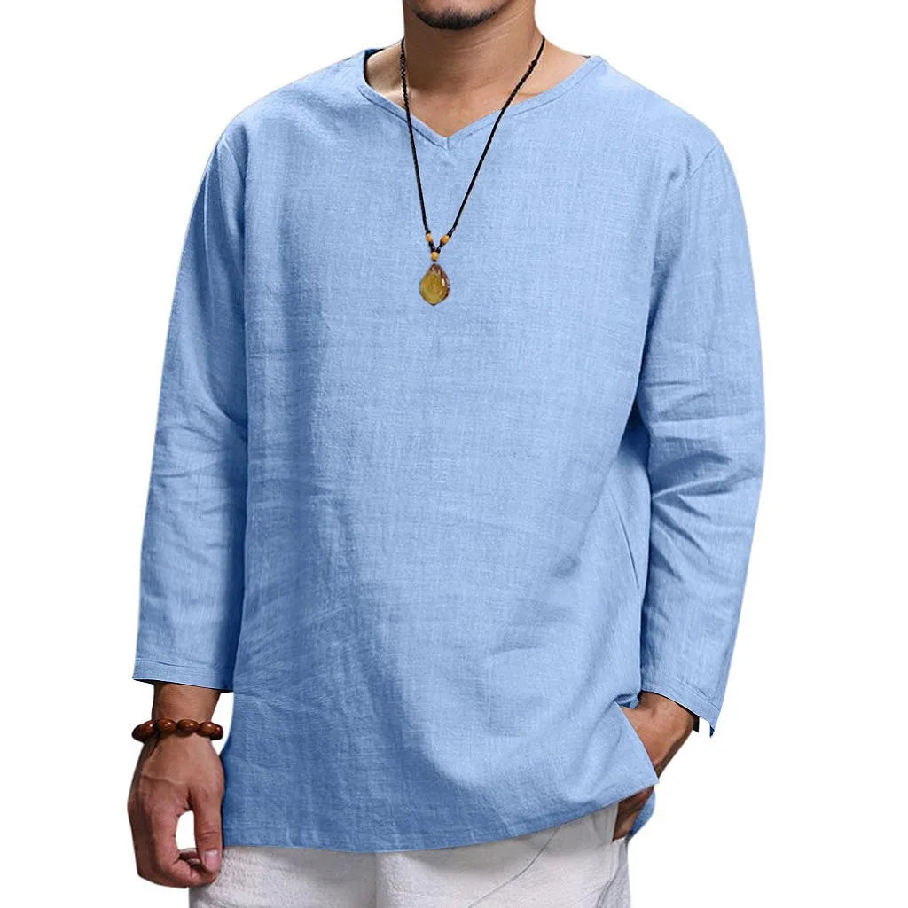 Men's Cotton Linen Shirts Loose Tops Blouses Casual Hip Pop T-Shirt Short-Sleeved Shirt Retro Fashion Long Sleeve Men Shirts