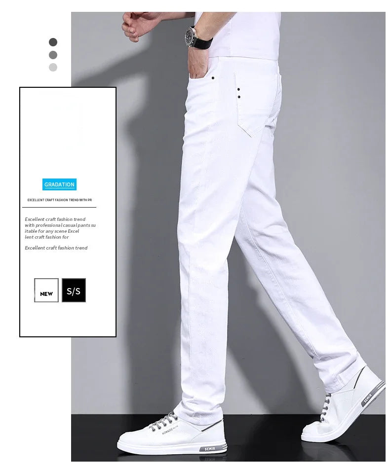 2024 New Men's Pure White Slim Casual Pants Brand Clothing Stretch Straight Gentleman's Suit Long Trousers Classic Style Male