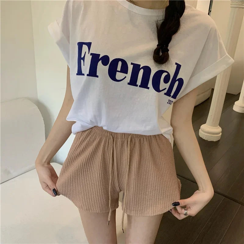 Women Shorts Summer High Elastic Lace Up Drawstring Wide Leg Sweat Short Fitness Running Shorts Loose Casual Large Sports Pants