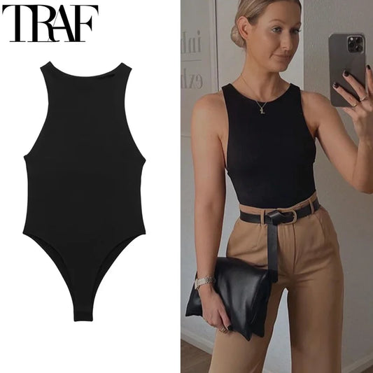 TRAF 2024 Female Body Sleeveless Black White Bodysuit For Women Summer Bodycon One Piece Beach Swimsuits Tights Thong Bodysuit