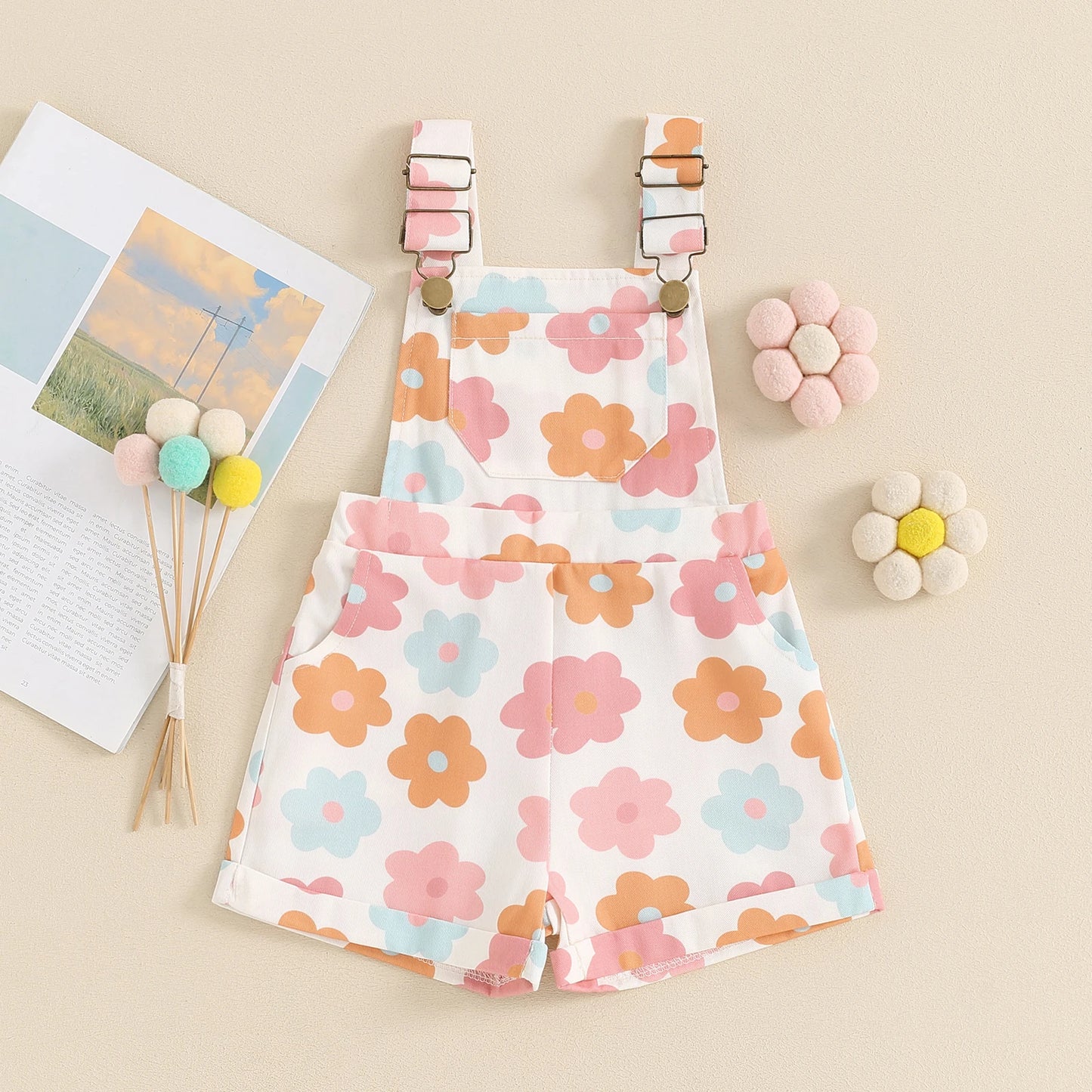 FOCUSNORM 4 Colors Lovely Kids Girls Overalls Shorts 0-6Y Sleeveless Straps Strawberry/Flower Print Denim Button Pocket Jumpsuit