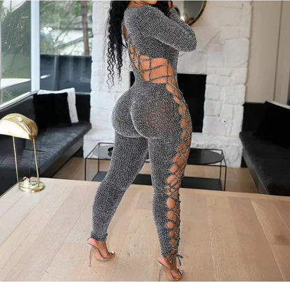 Sexy Jumpsuit Woman Allover Print Lace-up Side Plaid Print Lace-up Long Sleeve Conjoined Body Pants for Female Autumn 2024 New