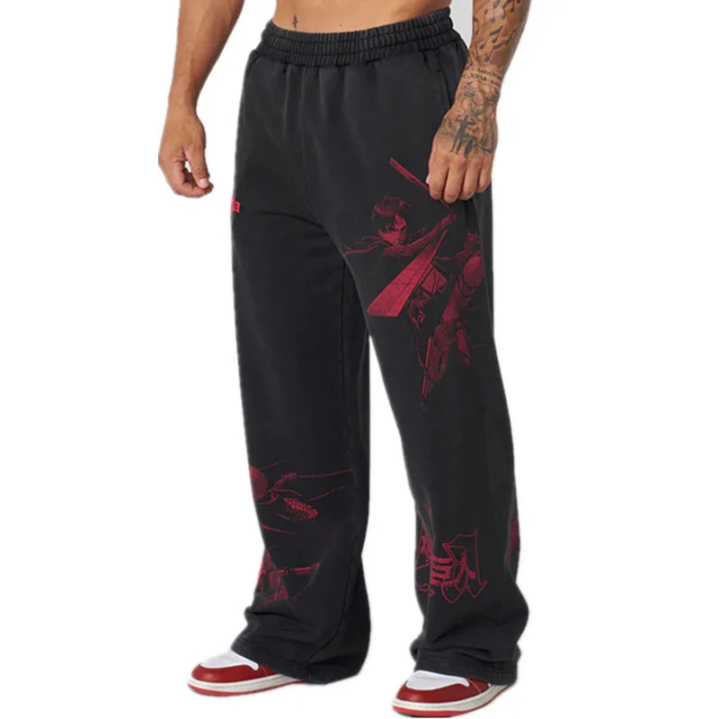 new 2024 American sports pants gym fitness running training pants cotton wool print wide leg pants