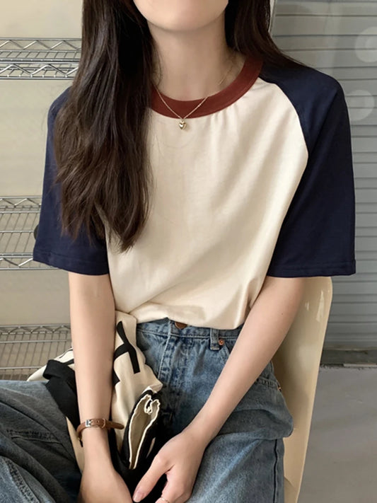 AOSSVIAO Summer Tops for Women Tshirt Turn Down Collar Short Sleeve Beige Blue Chic Y2k Fashion Patchwork 2025 T Shirts