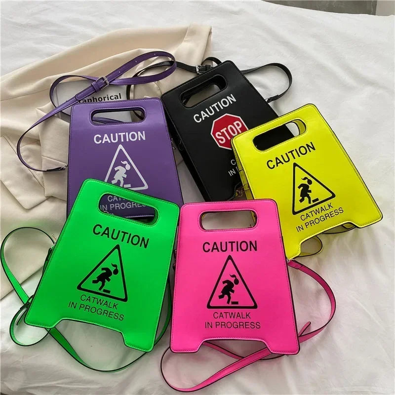 Novelty Stop Sign Purse Tote Pu Leather Handbags Women Fashion Caution Catwalk in Progress Crossbody Bag Messenger Purses