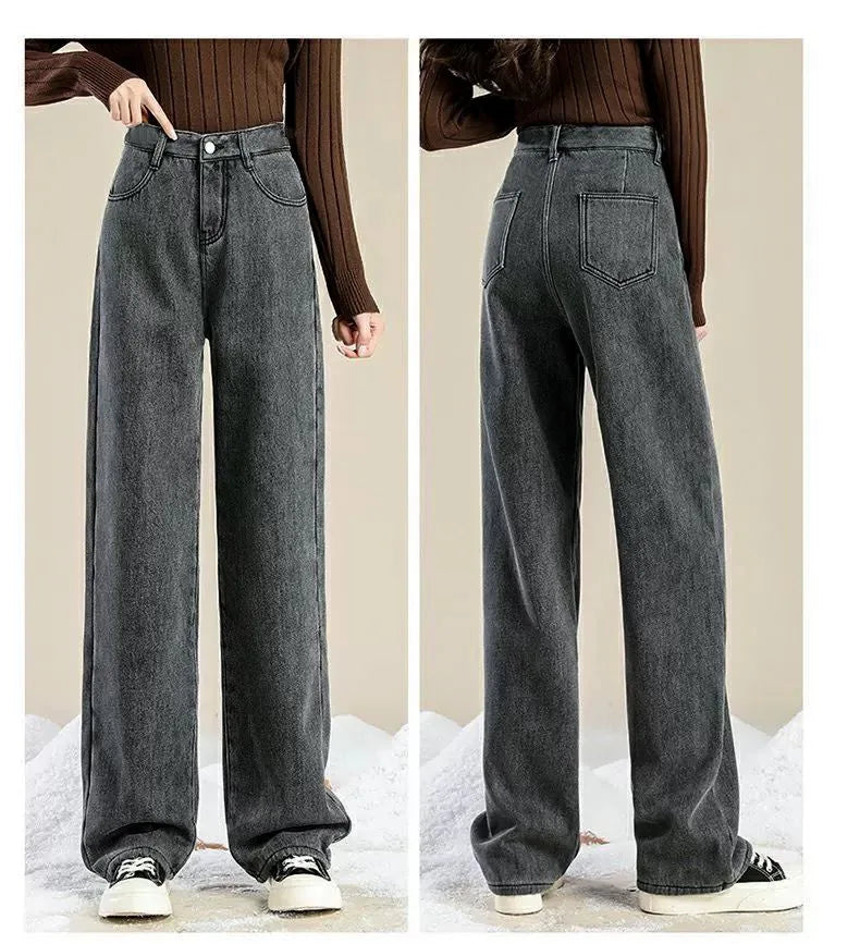 Charcoal Grey Fleece-Lined High-Waisted Versatile Bell Bottoms Jeans Women's Autumn/Winter Thickened Straight-Leg Loose-Fit Warm