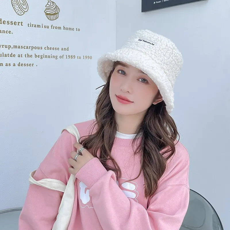 Winter Girl Boy Bucket Hat Cute Lamb Wool Letter Kids Fisherman Hat Solid Flat Top Hats Children Outdoor Thick Warm Sun Cap