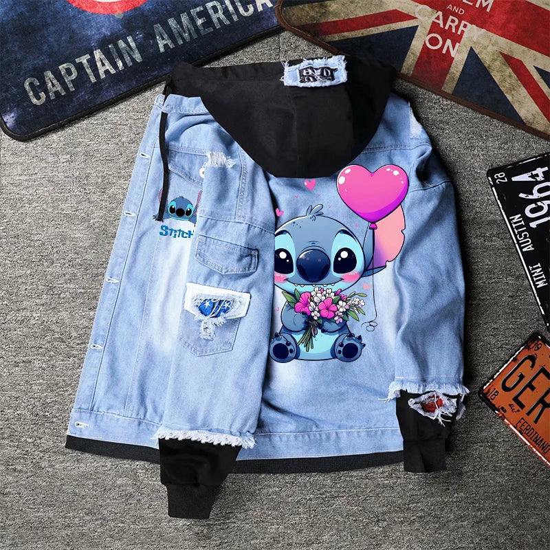 Lilo&stitch Hip Hop Men's Hooded Jean Jackets Women Outerwear Autumn Winter Coat Men Patchwork Denim Jacket Streetwear Clothes