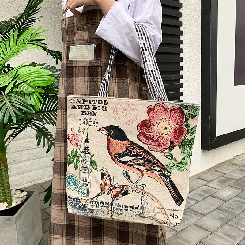 Summer Women's Canvas Cartoon Graffiti Printing Handbag Large Capacity Shoulder Beach Bag Fashion Folding Ladies Casual Tote Bag