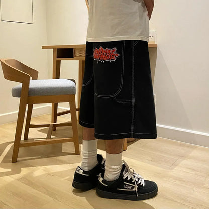 Skateboarding Jeans Denim Shorts 2024 Baggy Harajuku Y2k Wexwear Embroidery Gym Basketball Shorts Men Letter Graphic Streetwear