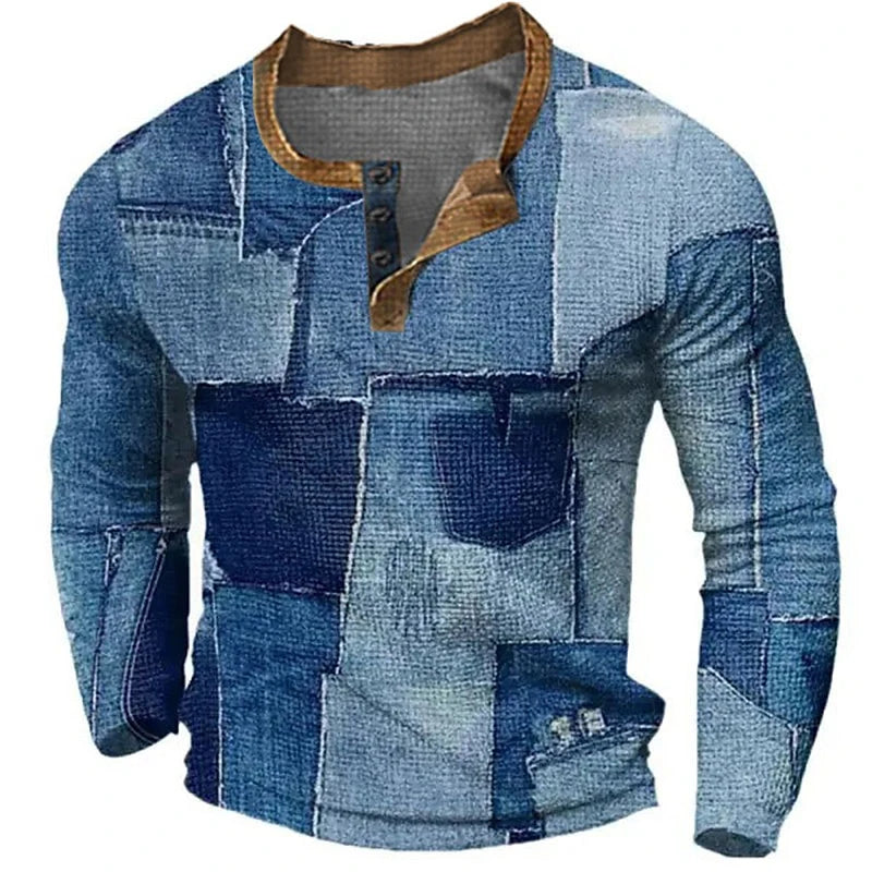 Spring Patchwork Henley Shirts Color Block 3D Print Streetwear Men's Button-Down Long Sleeve T Shirt Male Tees Tops Man Clothing