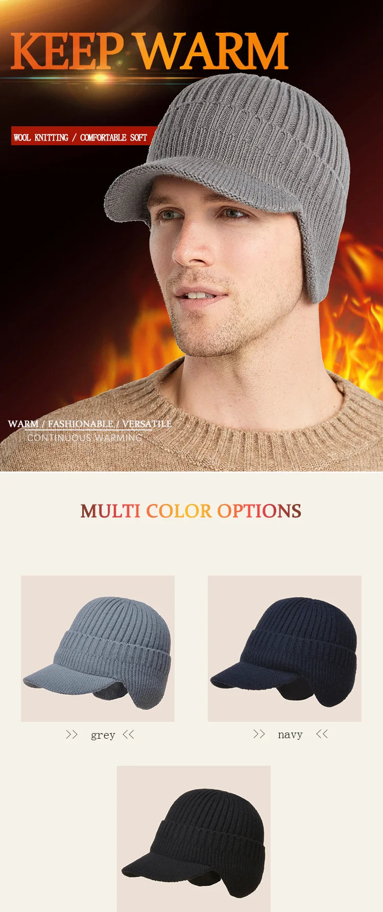 Men Winter Knitted Hat Outdoor Cycling Ear Protection Warmth Peaked Cap Casual Fashion Sunhat Bomber Hats 56-61CM